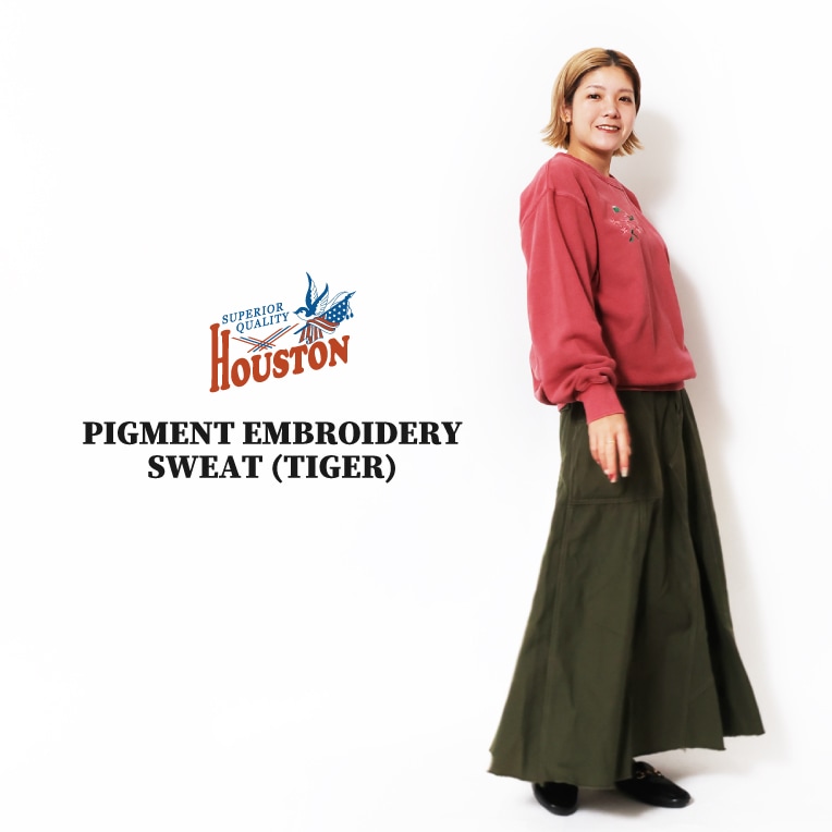 HOUSTON woman / ヒューストン ウーマン 2033W PIGMENT EMBROIDERY SWEAT (TIGER) / ピグメント刺繍スウェット -全4色-