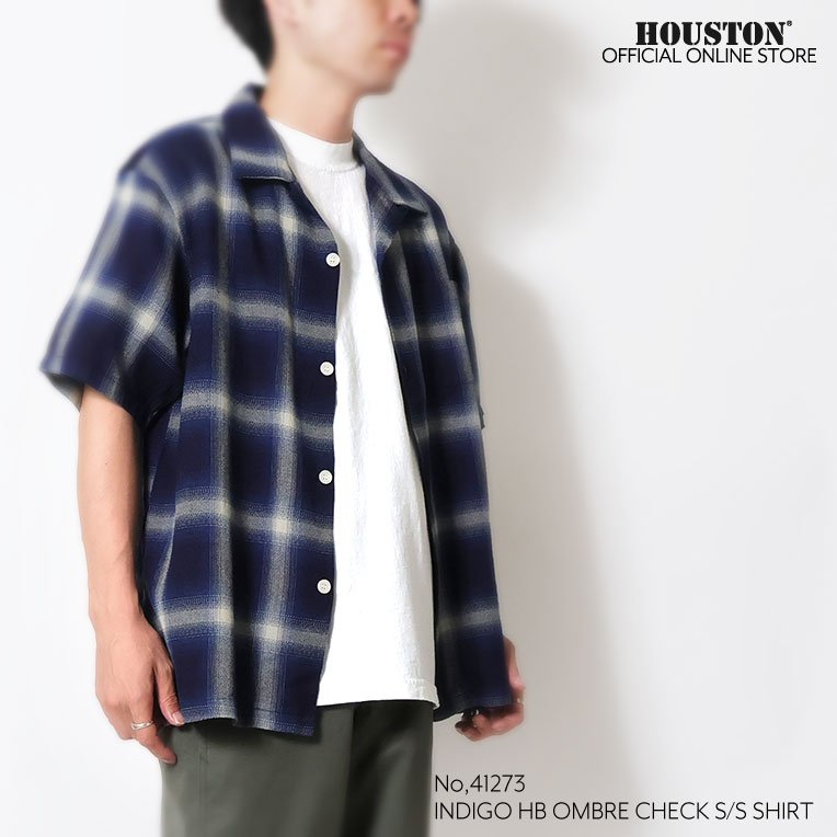 HOUSTON  / ヒューストン 41273 INDIGO HB OMBRE CHECK S/S SHIRT / インディゴヘリンボーンオンブレーチェック半袖シャツ -全2色- 