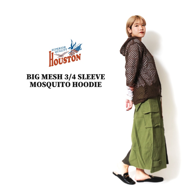 HOUSTON woman / ヒューストン ウーマン 2047W BIG MESH 3/4 SLEEVE MOSQUITO HOODIE / ビッグメッシュ七分袖モスキートフーディ -全3色- 