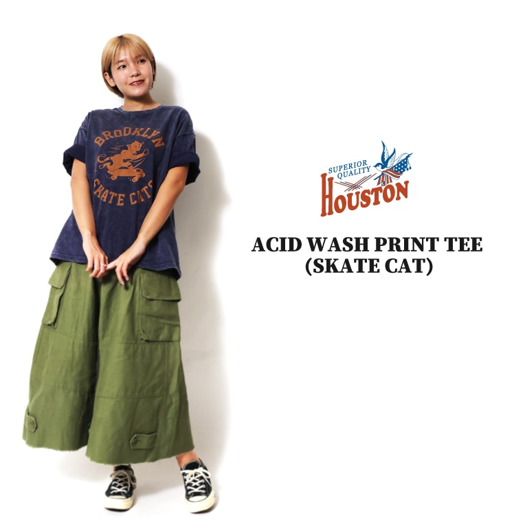 HOUSTON woman / ヒューストン ウーマン 2044W ACID WASH PRINT TEE (SKATE CAT) / アシッドウォッシュ加工プリントTEE -全4色-