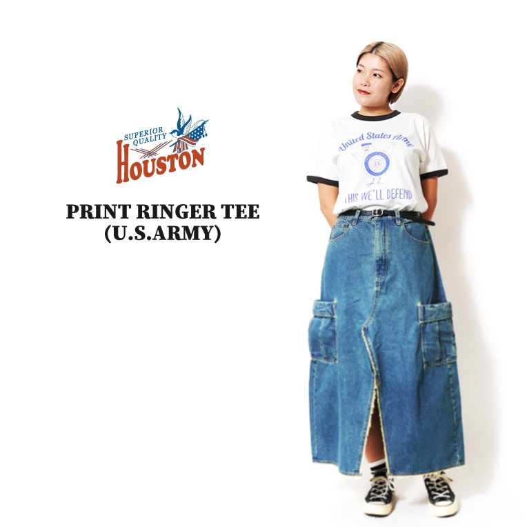 HOUSTON woman / ヒューストン ウーマン 2054W PRINT RINGER TEE (U.S.ARMY) / プリントリンガーTEE -全3色- 