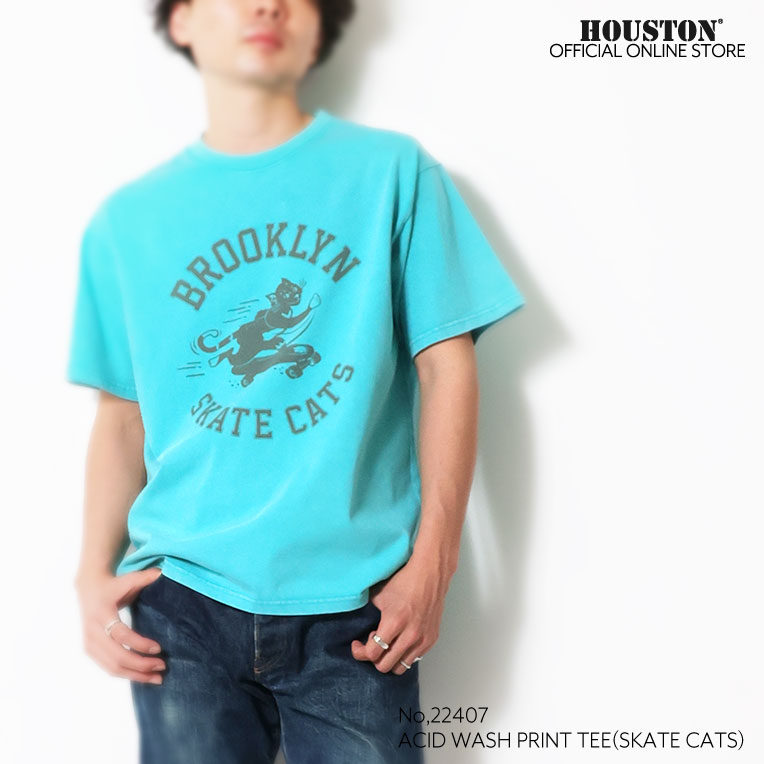 HOUSTON  / ヒューストン 22407 ACID WASH PRINT TEE(SKATE CATS) / アシッドウォッシュプリント半袖Tシャツ -全4色- 