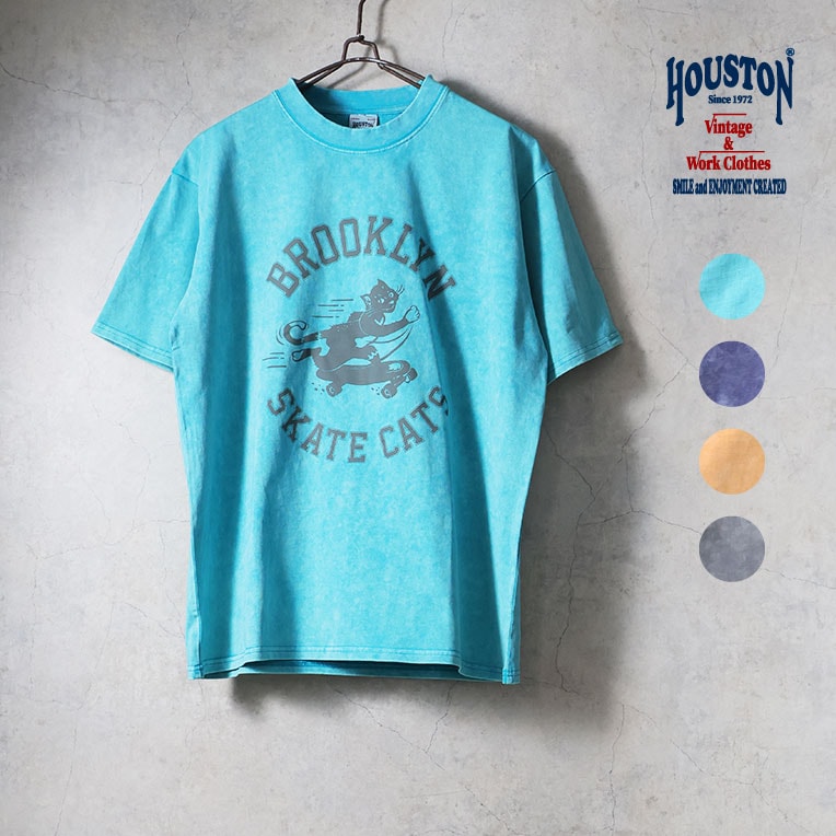 HOUSTON  / ヒューストン 22407 ACID WASH PRINT TEE(SKATE CATS) / アシッドウォッシュプリント半袖Tシャツ -全4色- 