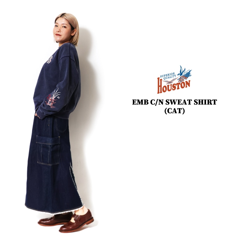 HOUSTON woman / ヒューストン ウーマン 2073W EMB C/N SWEAT SHIRT (CAT) / 刺繍クルーネックスウェット -全4色-