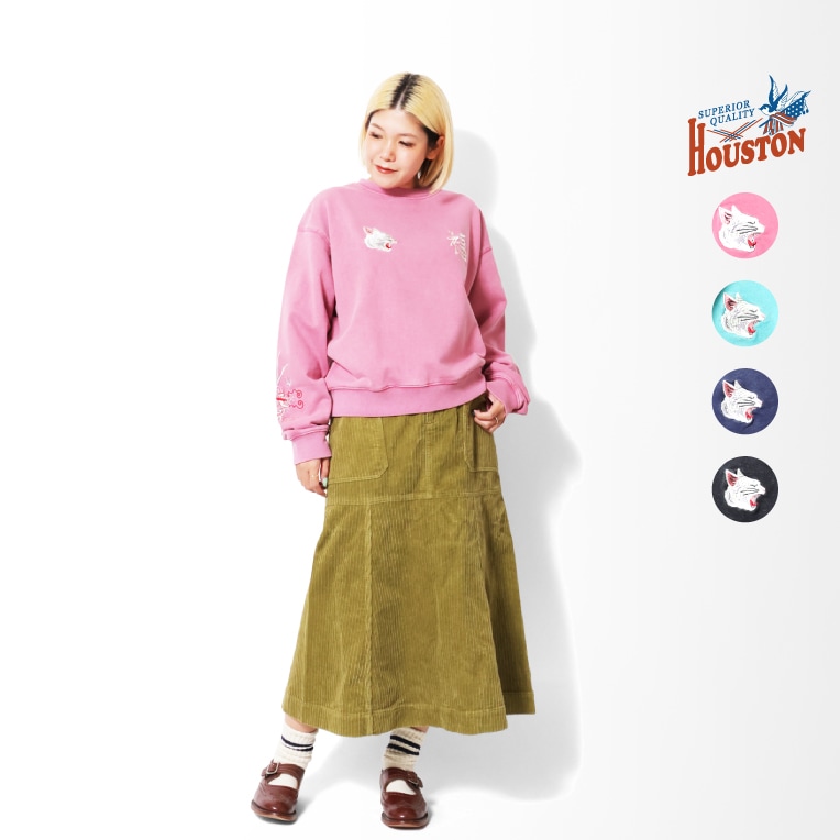 HOUSTON woman / ヒューストン ウーマン 2073W EMB C/N SWEAT SHIRT (CAT) / 刺繍クルーネックスウェット -全4色-