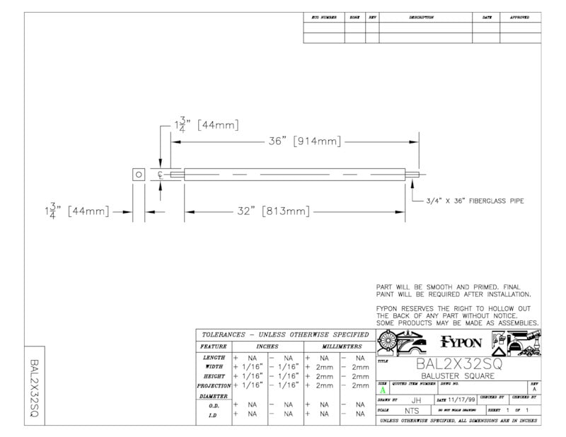【輸入装飾材】 ファイポン バラスター（ストレート） BAL2X32SQ 長さ813mm バラスターシステム構成材