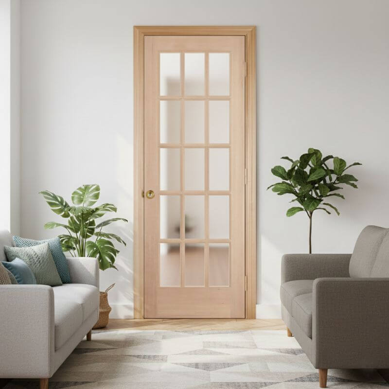 【片開きセット】ヘムロック木製室内ドア 巾762mm ジェルドウェン 1515 シングル・透明ガラス 枠巾・塗装選択可(ノックダウン式)