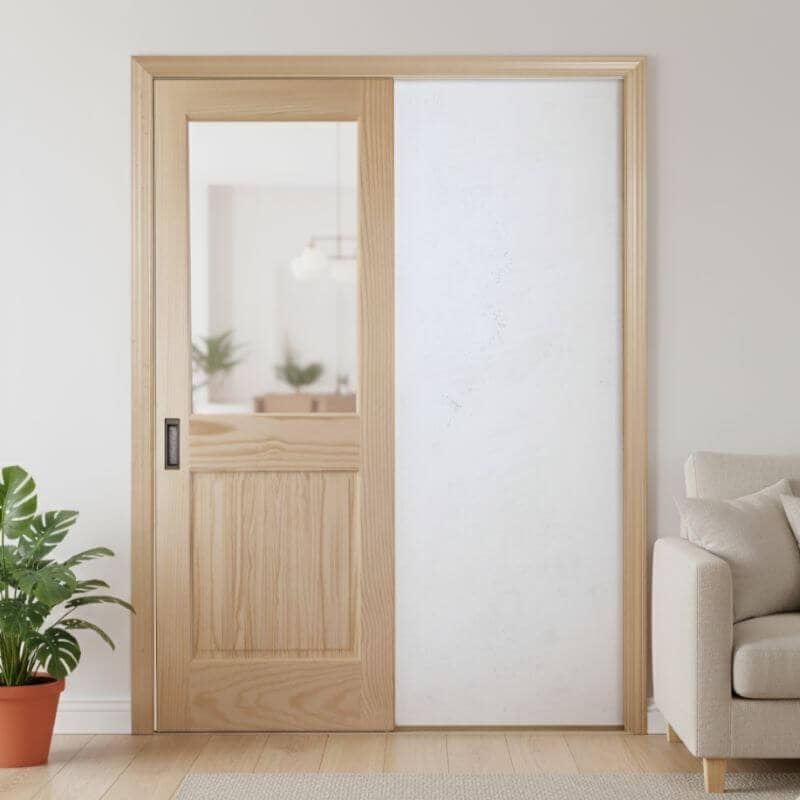 片引き室内ドアセット クリアパイン144 透明ガラス 無塗装 引手付き・枠巾&塗装選択OK|巾712mm ノックダウン式