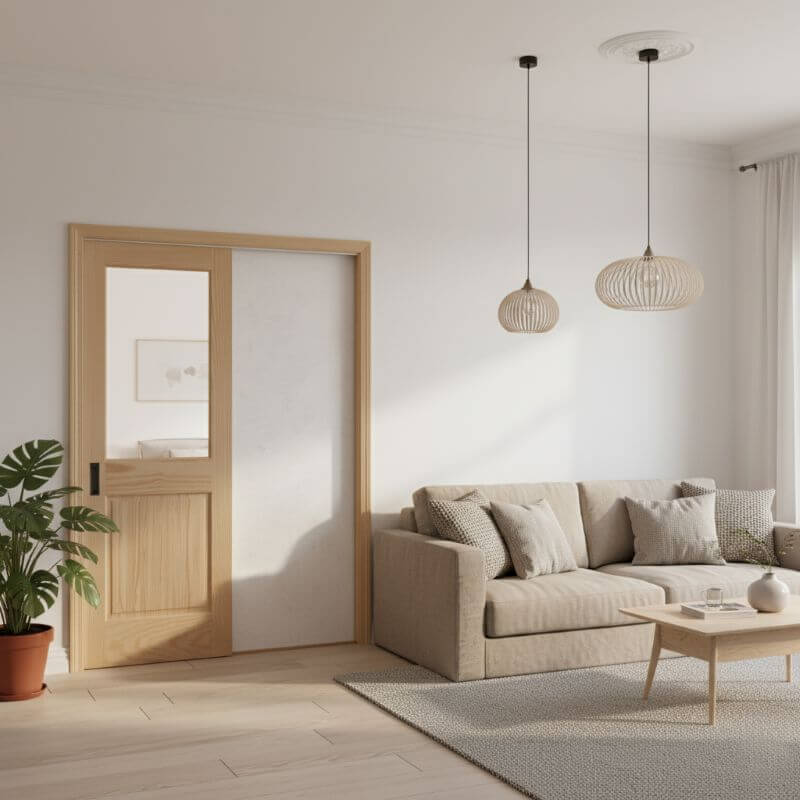 片引き室内ドアセット クリアパイン144 透明ガラス 無塗装 引手付き・枠巾＆塗装選択OK｜巾762mm ノックダウン式