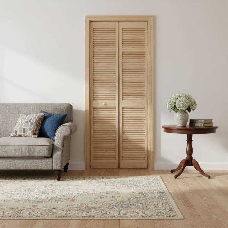 【木製ルーバー折戸】クリアパイン 巾807mm ノックダウン加工・塗装オプション付き レール・金物・木製取手付 1423P-2868 