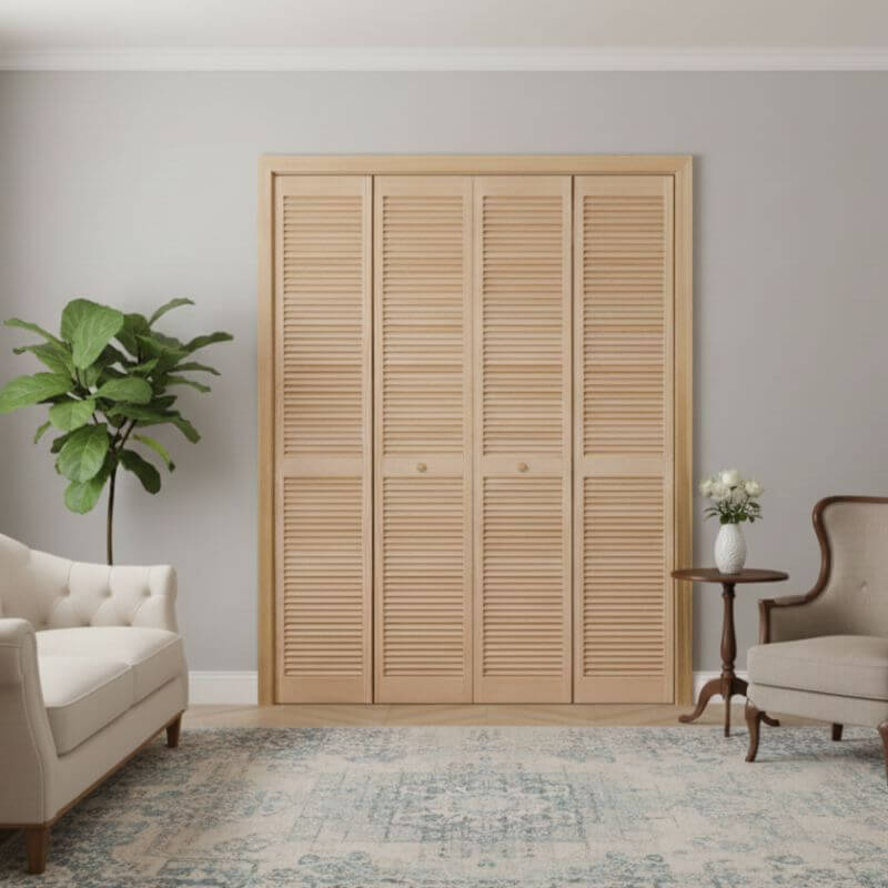 【木製ルーバー折戸】クリアパイン 巾1617mm ノックダウン加工・塗装オプション付き レール・金物・木製取手付 1423P-5468 