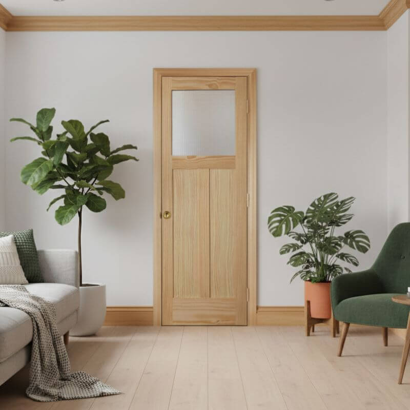 片開き室内ドアセット クリアパイン760G シングル・クロスリードガラス 無塗装 枠・塗装選択OK｜巾711mm ノックダウン式