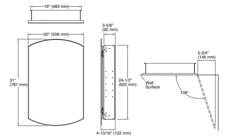 【KOHLER（コーラー）】 ミラーキャビネット K-3073T-NA アーチャー 壁付けまたは埋め込みタイプ W508mm x D122mm x H787mm ※在庫限り商品