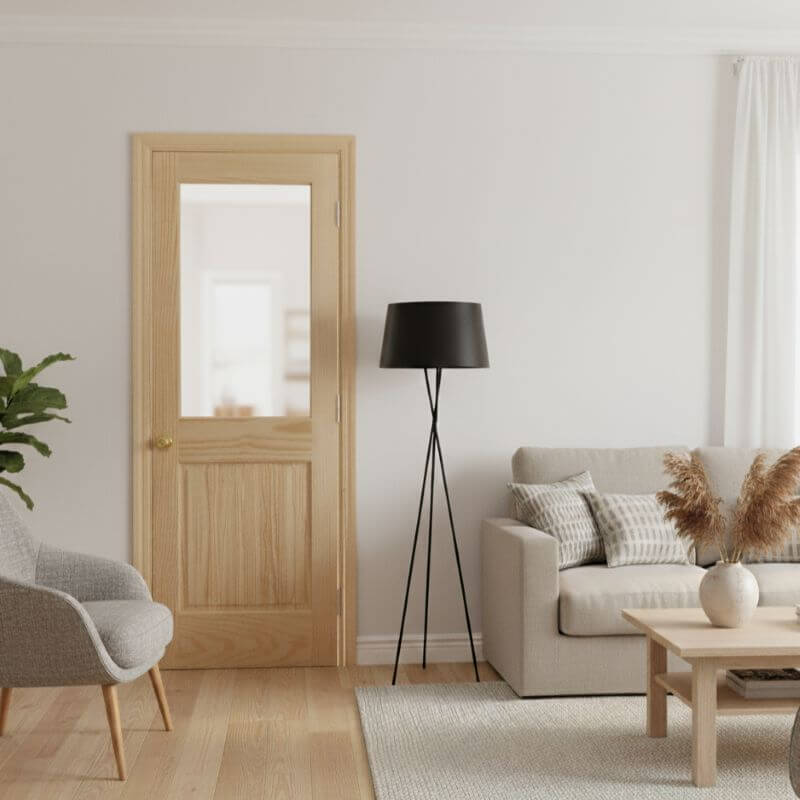 片開き室内ドアセット クリアパイン144 透明ガラス 無塗装 枠・塗装選択OK｜巾762mm ノックダウン式