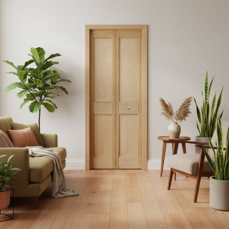 【ジェルドウェン】 ホワイトオーク木製折戸 巾905mm ノックダウン加工・塗装オプション付き  1444W-30（黒ヒンジ） レール・金物・木製取手付 