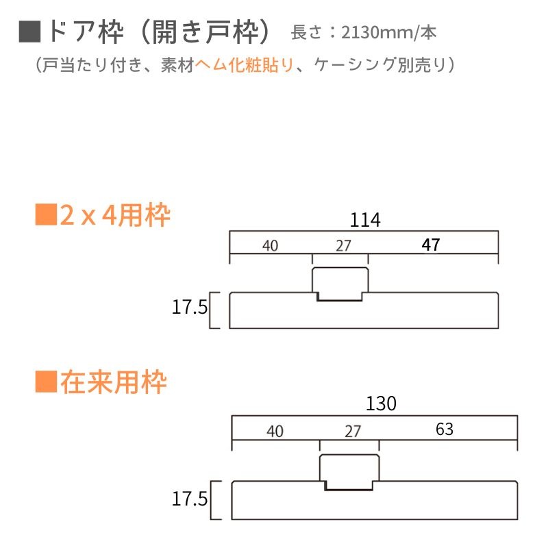 【室内ドア枠】 開き戸用［ケーシング納め］ 無塗装 長さ2130mm 【ヘム化粧貼り】