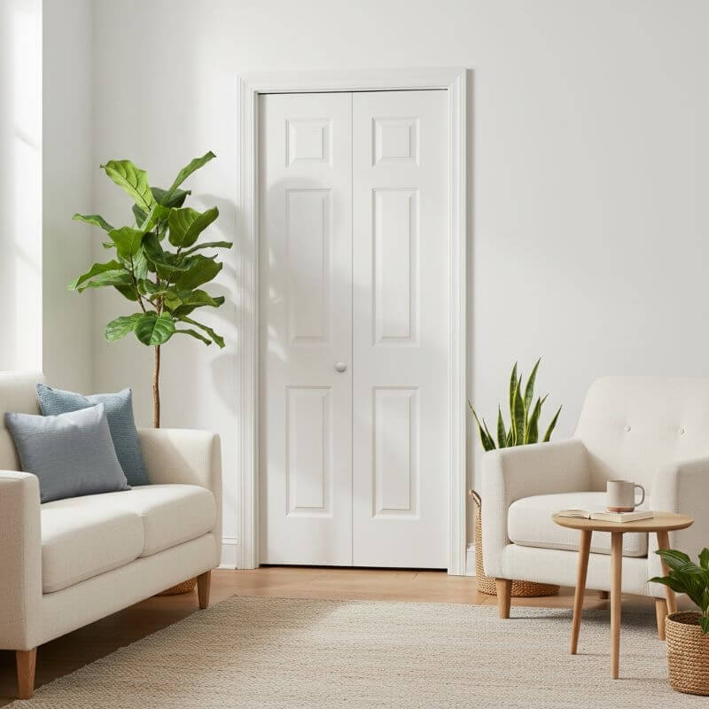 【リーズナブルな輸入ドア】メソナイト折戸 巾908mm 6SB スムースノックダウン加工・塗装オプション付き レール・金物・木製取手付