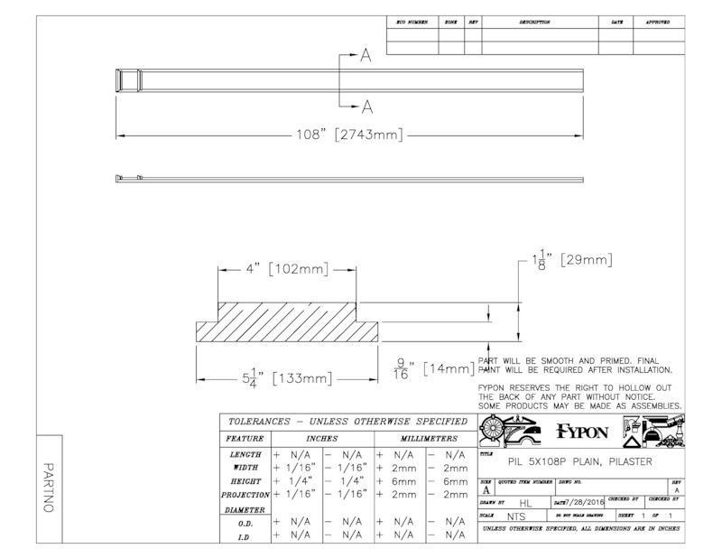 【輸入装飾材】 ファイポン ピラスター プレーン PIL5x108P 巾133mm  高さ2743mm  2本1組