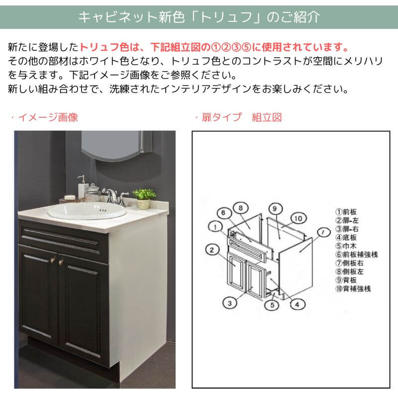 【大感謝セール6月30日まで】トリュフ色キャビネット ハウディー洗面化粧台セット 幅755mm｜KOHLER水栓＆人工大理石カウンター（引き出しなし）