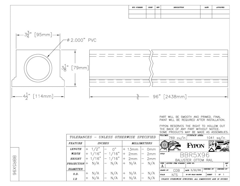 【輸入装飾材】 ファイポン ボトムレール BBR5x96 長さ2438mm バラスターシステム構成材