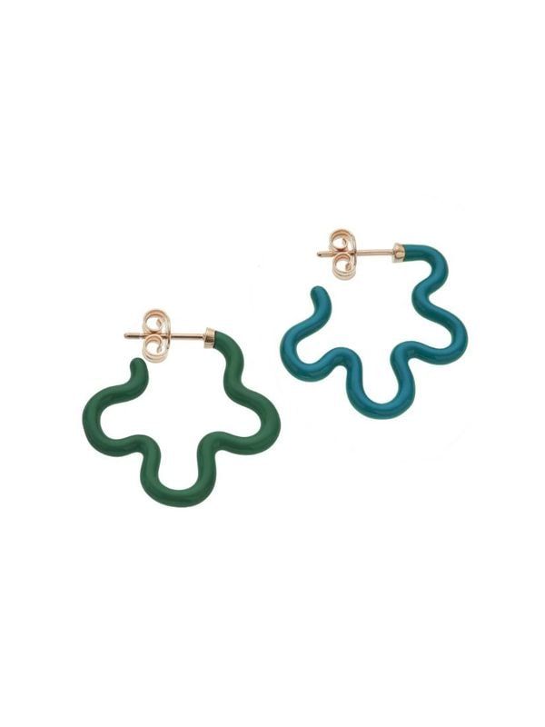 ピアス 2 TONE ASYMMETRICAL FLOWER POWER PIERCES IN EMERALD AND TEAL