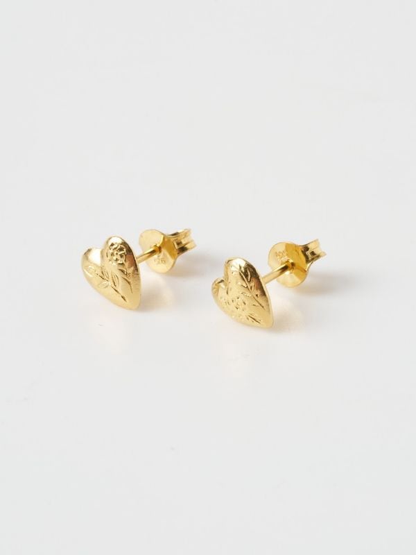 Floral Engraved Heart Stud ピアス(Gold)