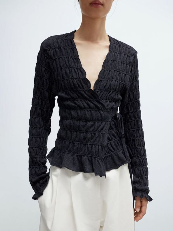 MERINO WOOL GATHERED カーディガン ANTHRACITE