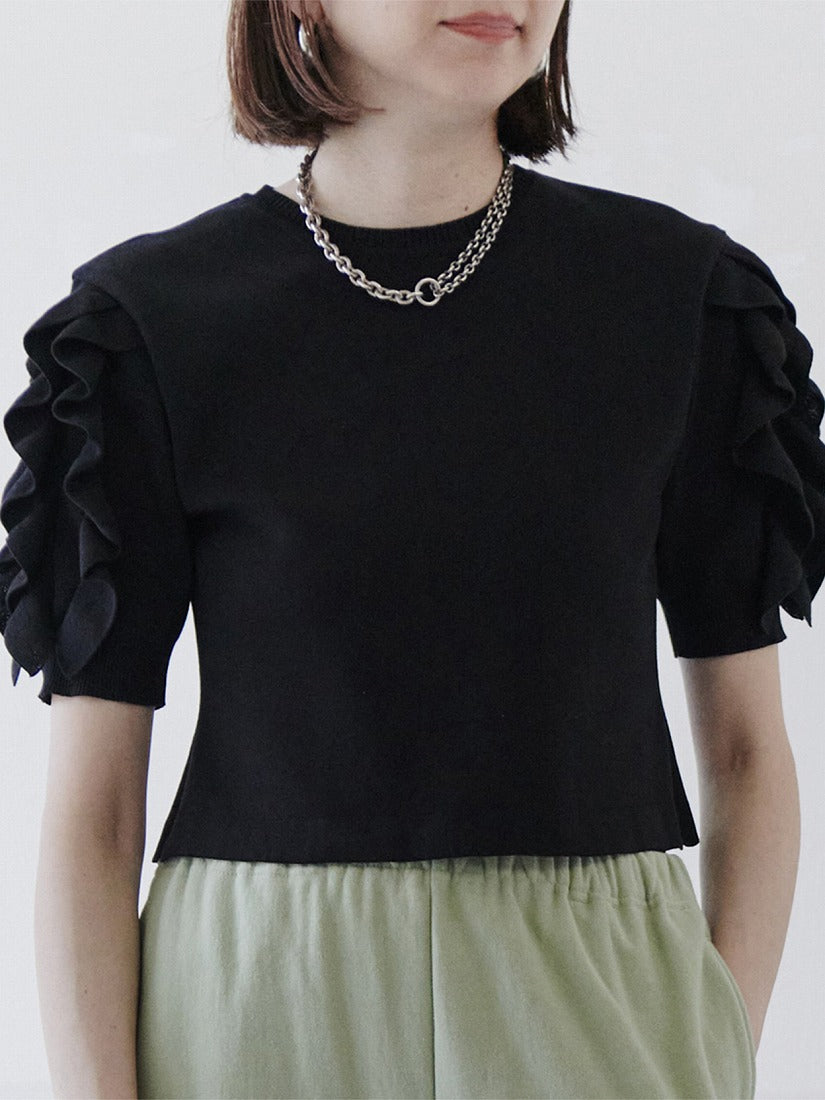 sheller　シェリエ　chic　パールハーフスリーブニット　ブラック stripe peplum knit tops – shéller / シェリエ