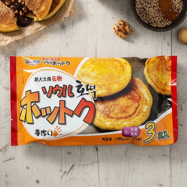 ソウルホットク 新大久保名物 / 180g(60gＸ3枚) ソウル手作りホットク 韓国の屋台スイーツ もちもちの生地 ホットック（冷凍）
