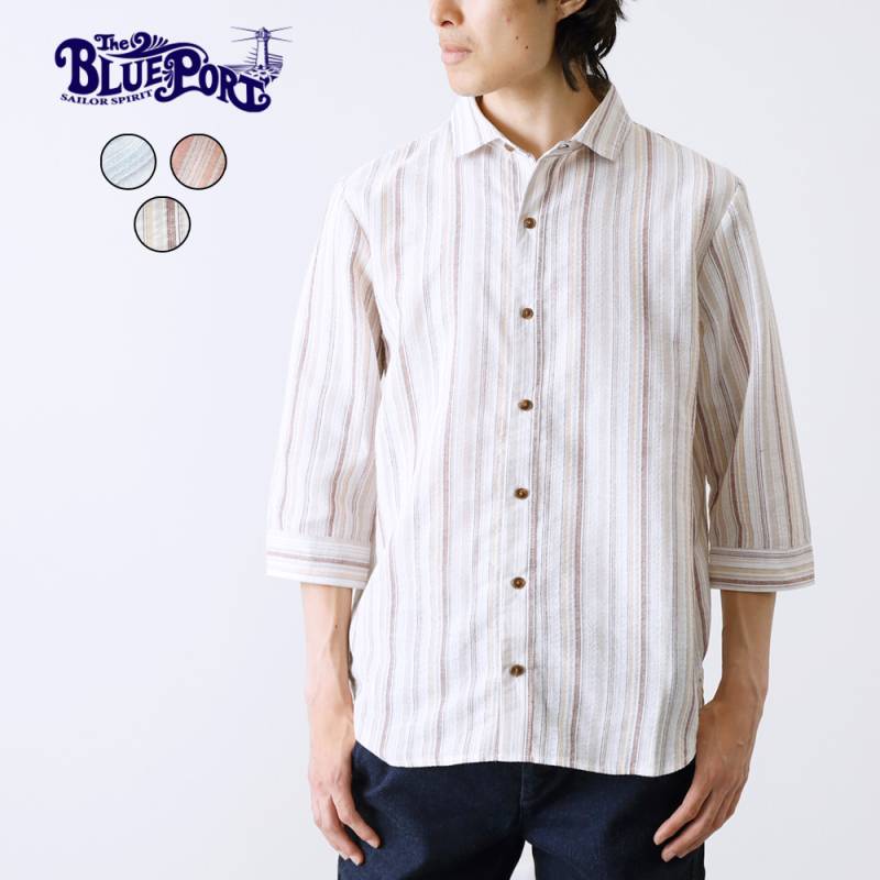 【BLUEPORT】STRIPE LINEN 3/4 SHIRT<br>ストライプ リネン七分袖シャツ