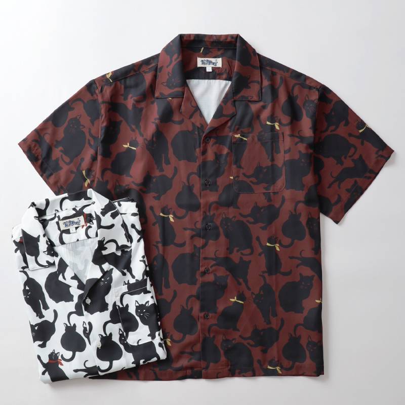 BLUEPORT（ブルーポート）猫総柄 オープンカラーシャツ