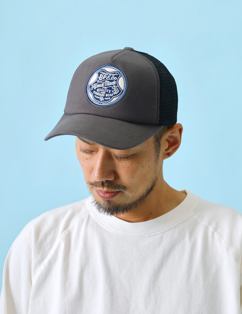 80s USA製 メッシュキャップ 企業 ネイビー 刺繍 ローカル 田舎 BLUE PORT｜刺繍ワッペンメッシュキャップ 