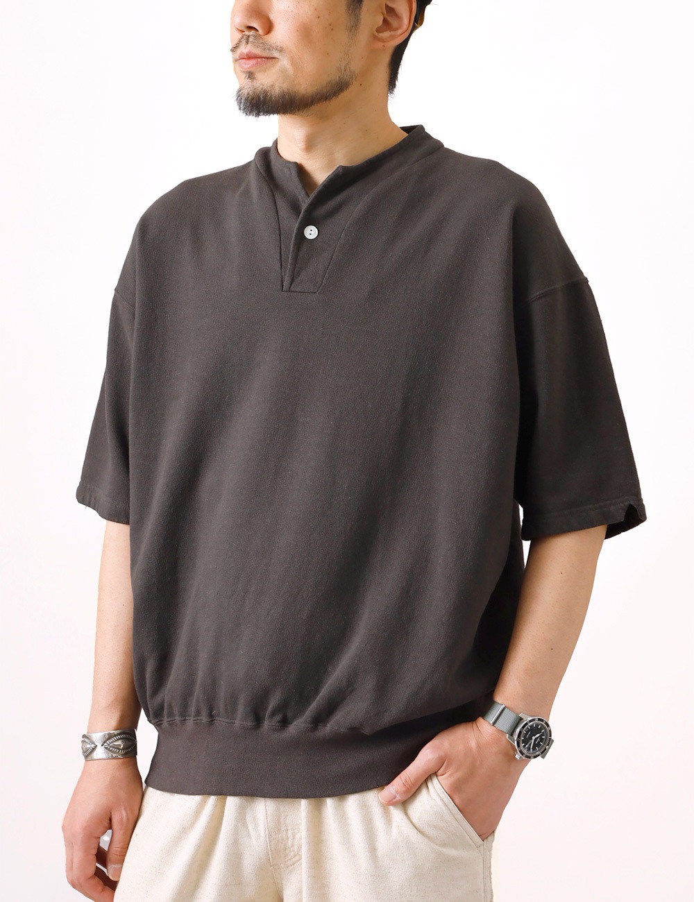 DUBBLE WORKS|LIGHT TERRY HENLEY SWEAT “lot.74005“