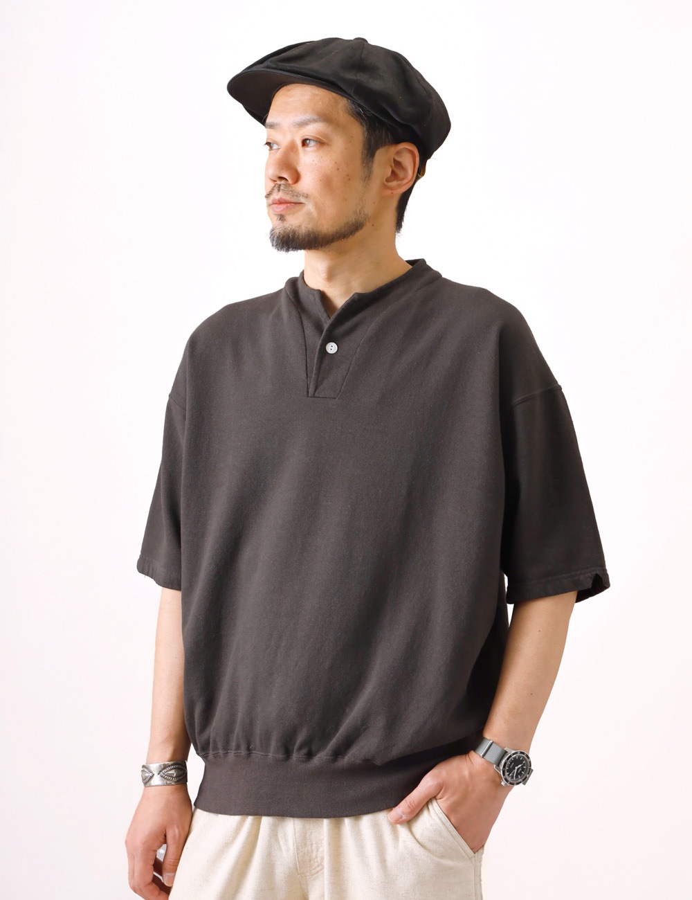 DUBBLE WORKS|LIGHT TERRY HENLEY SWEAT “lot.74005“