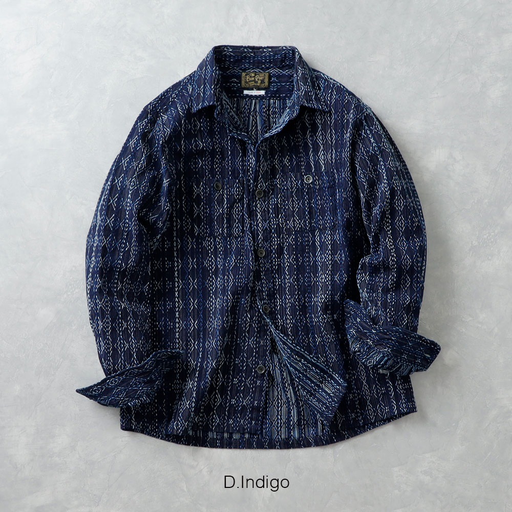 【BLUEPORT】AMA-KASURI-INDIGO SHIRT 雨絣 藍染刺し子シャツ