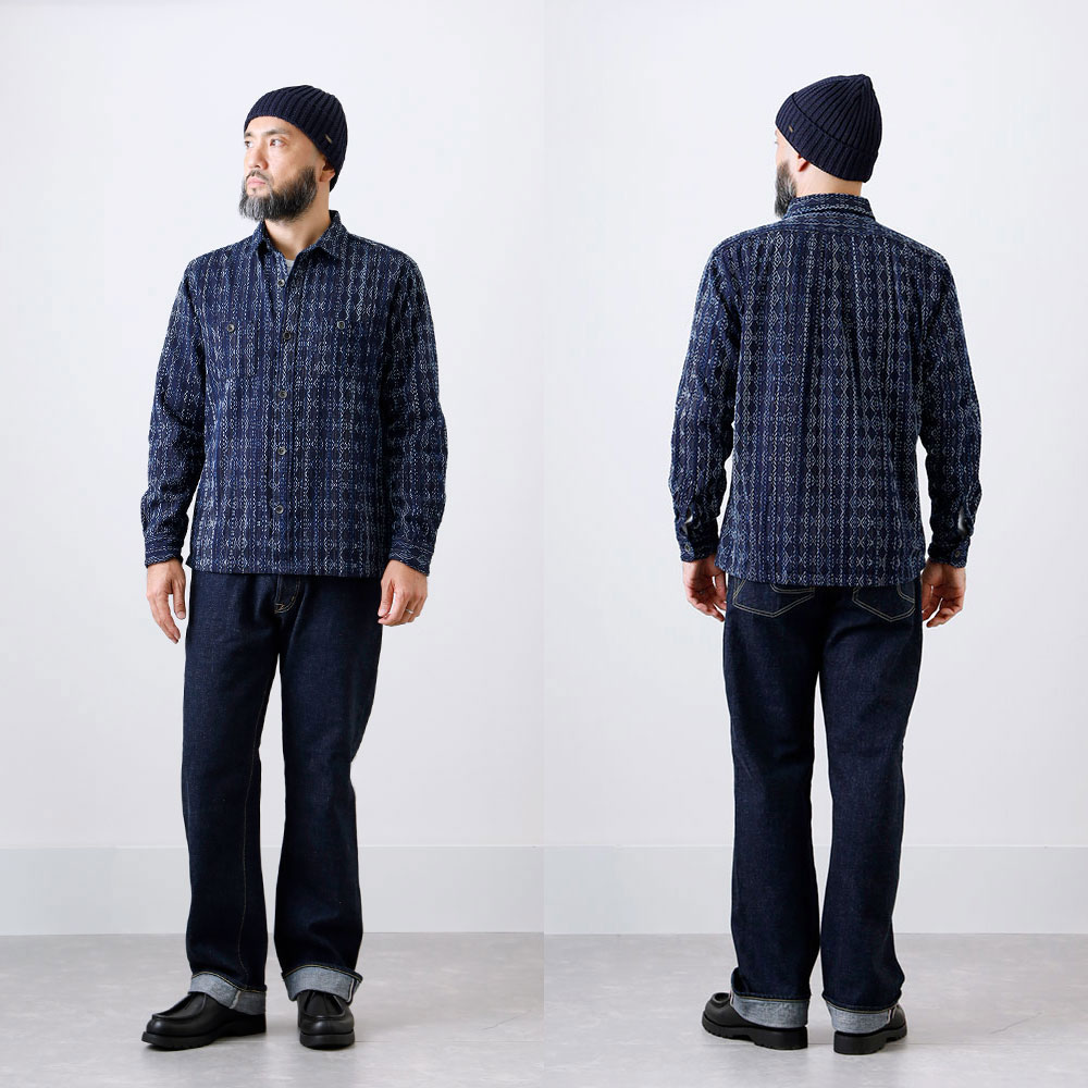 【BLUEPORT】AMA-KASURI-INDIGO SHIRT 雨絣 藍染刺し子シャツ
