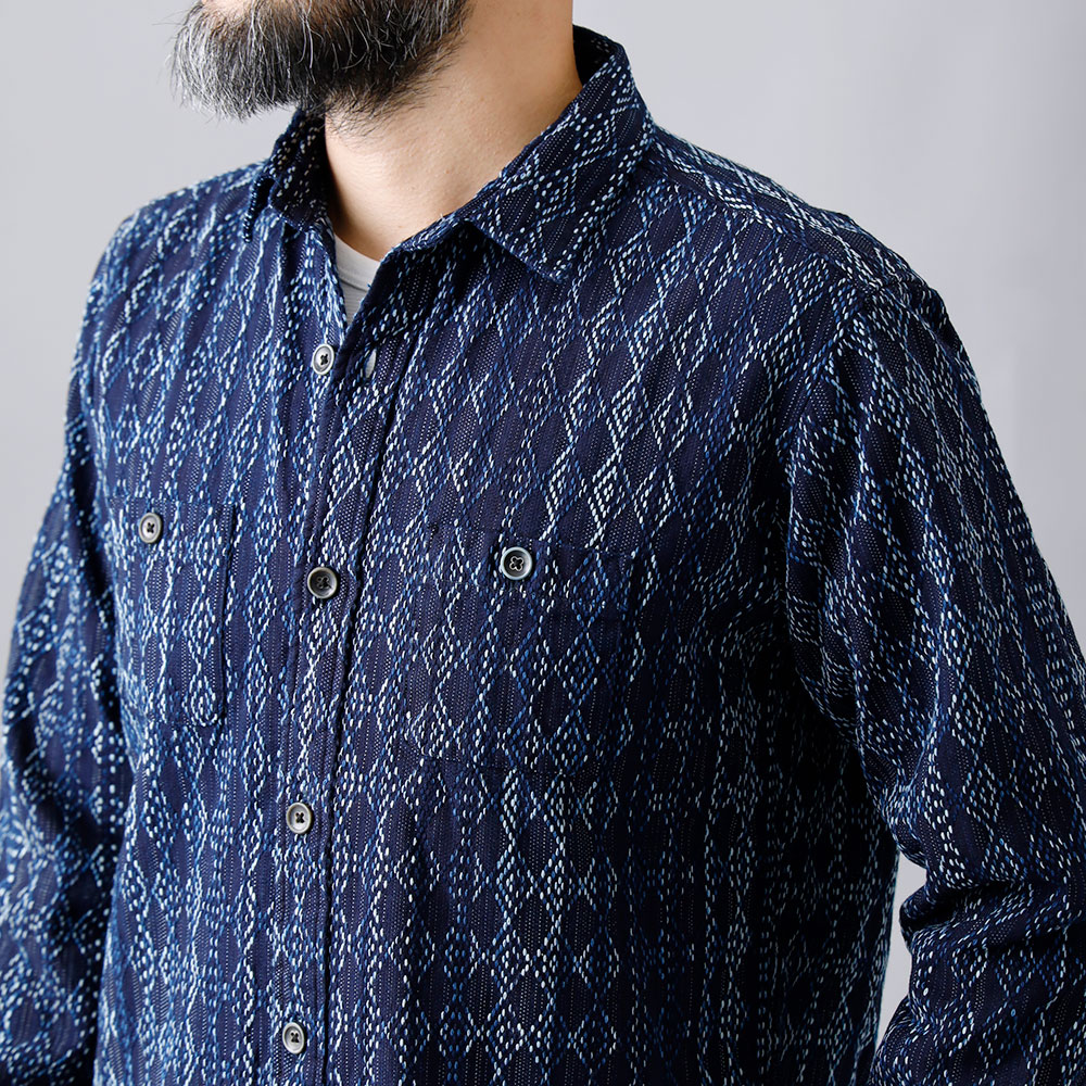 【BLUEPORT】AMA-KASURI-INDIGO SHIRT 雨絣 藍染刺し子シャツ