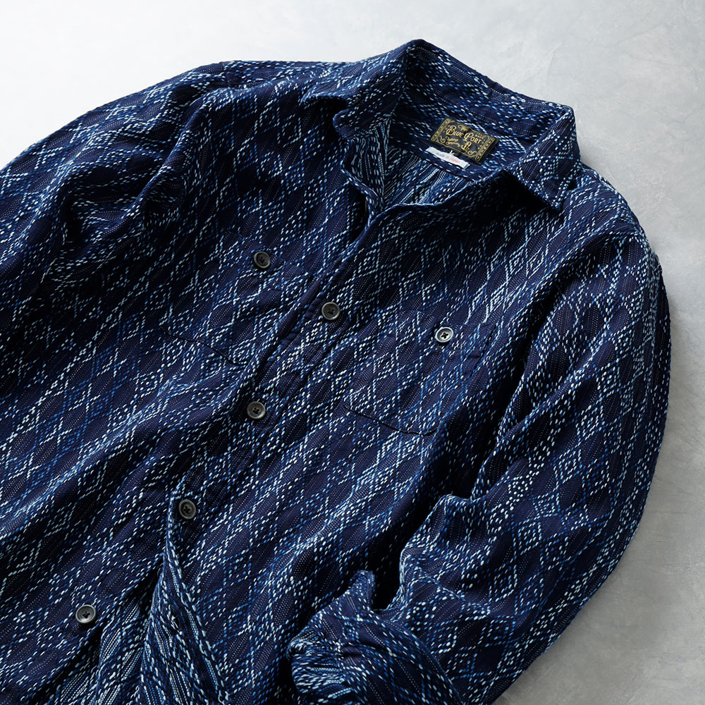 【BLUEPORT】AMA-KASURI-INDIGO SHIRT 雨絣 藍染刺し子シャツ