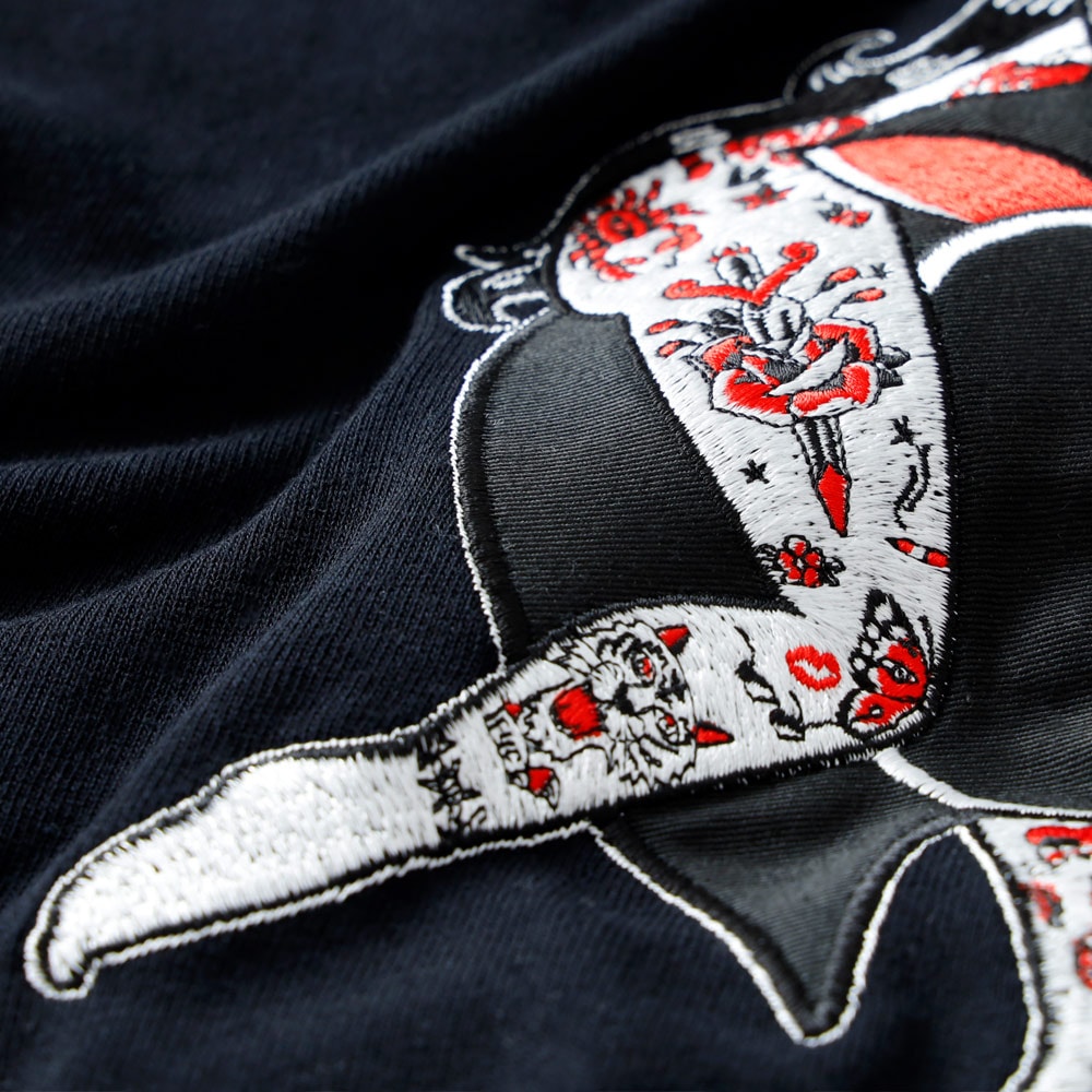 <10%OFF！ファミリーSALE！>◆HEATH × Diablo Art（ヒース x ディアブロアート）超極厚9.1オンス刺繍Tシャツ 