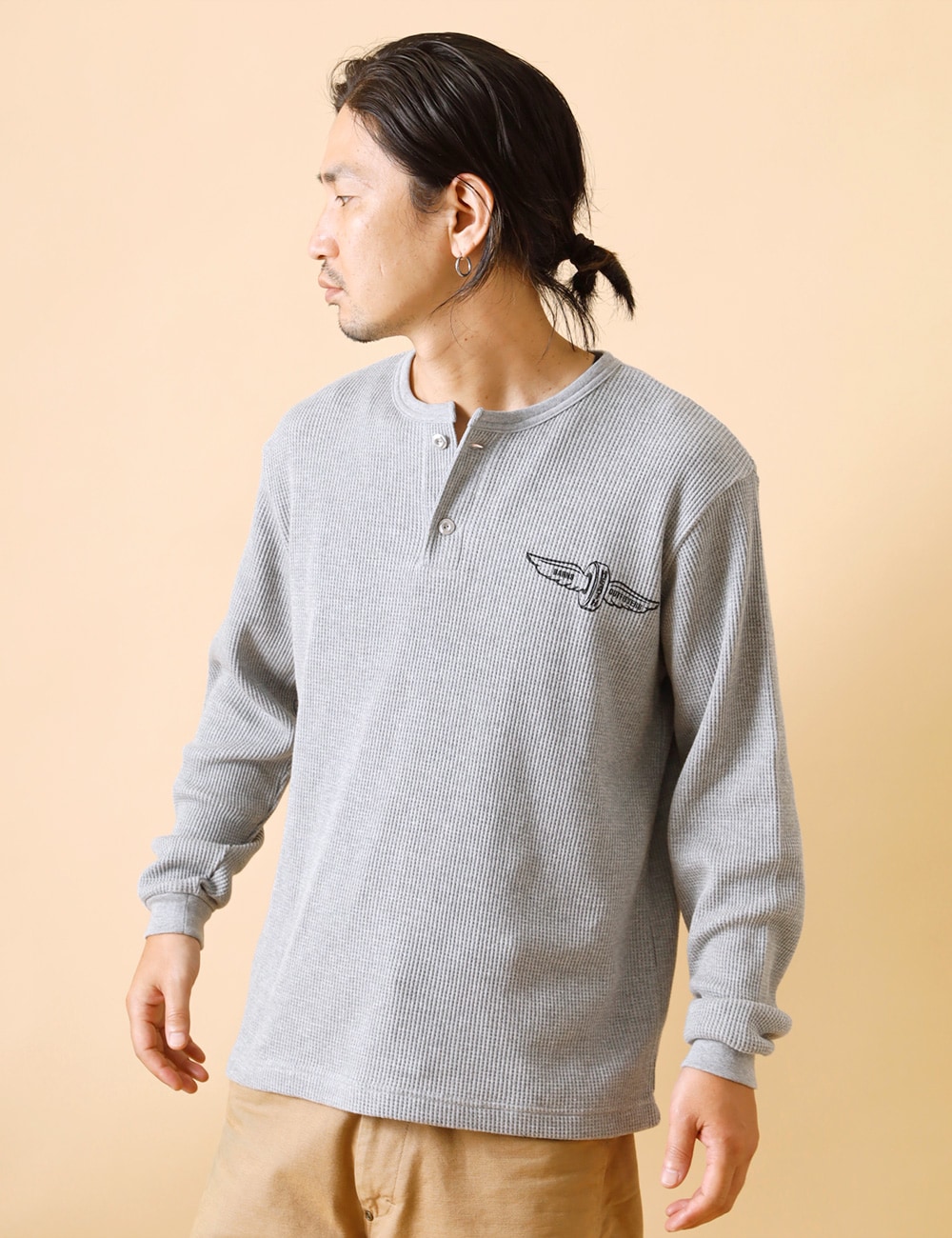 HEATH×BARNS OUTFITTERS×BUTTON WORKS|Waffle henley “FLYING WHEEL“