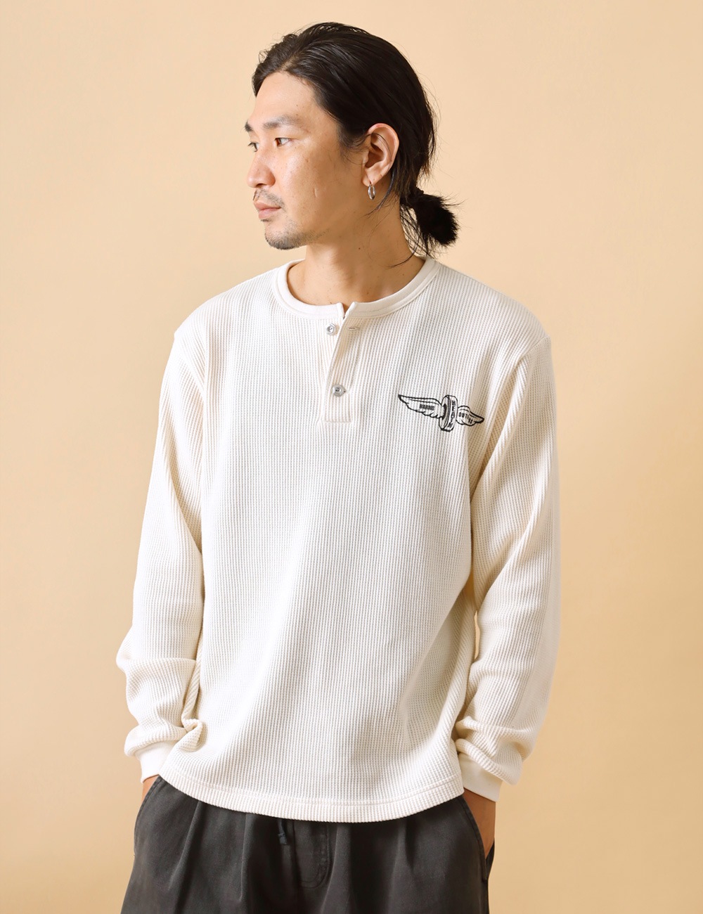 HEATH×BARNS OUTFITTERS×BUTTON WORKS|Waffle henley “FLYING WHEEL“