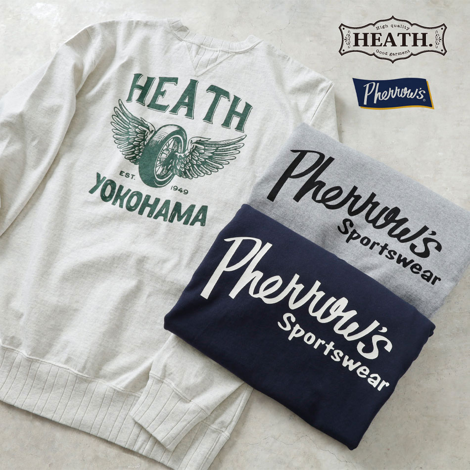 <10%OFF!ファミリーSALE!>◆【HEATH x Pherrow's】FLYING WHEEL COLLABO GUSSET L/Sフライングホイール 別注ガゼットロンT