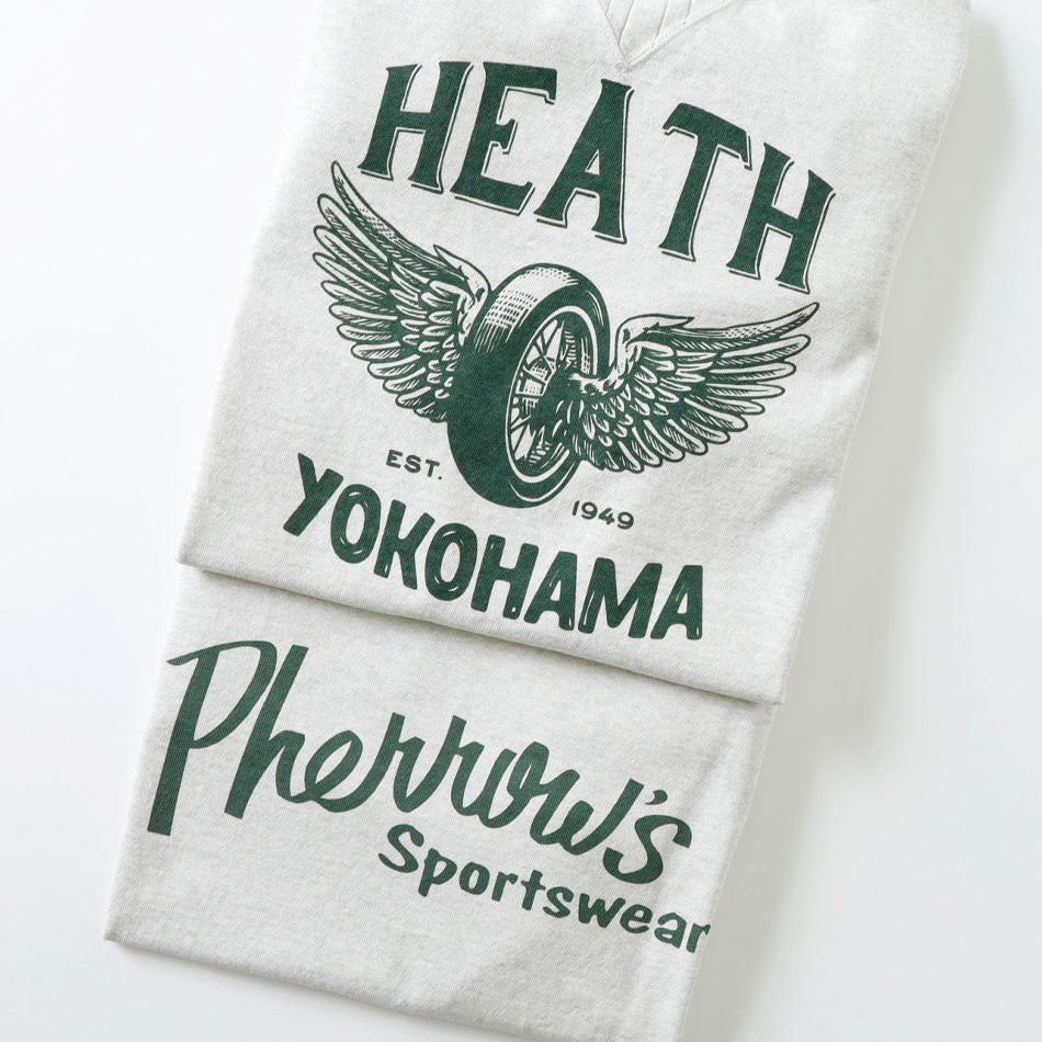 <10%OFF!ファミリーSALE!>◆【HEATH x Pherrow's】FLYING WHEEL COLLABO GUSSET L/Sフライングホイール 別注ガゼットロンT