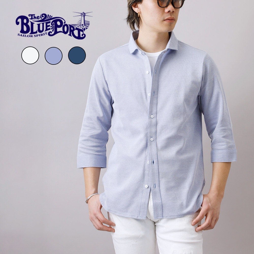 BLUE PORT（ブルーポート）ワイドカラー 鹿の子 七分袖シャツ
