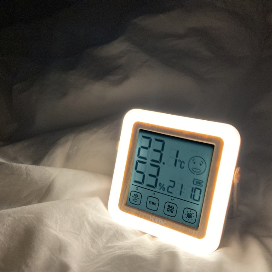 目に優しい授乳ライト・時計付きの温湿度計 HT-21