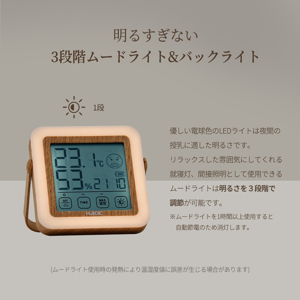 目に優しい授乳ライト・時計付きの温湿度計 HT-21