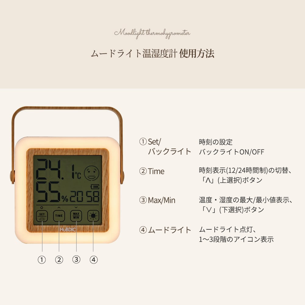 目に優しい授乳ライト・時計付きの温湿度計 HT-21