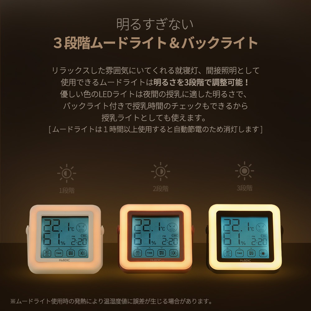 目に優しい授乳ライト・時計付きの温湿度計 HT-20