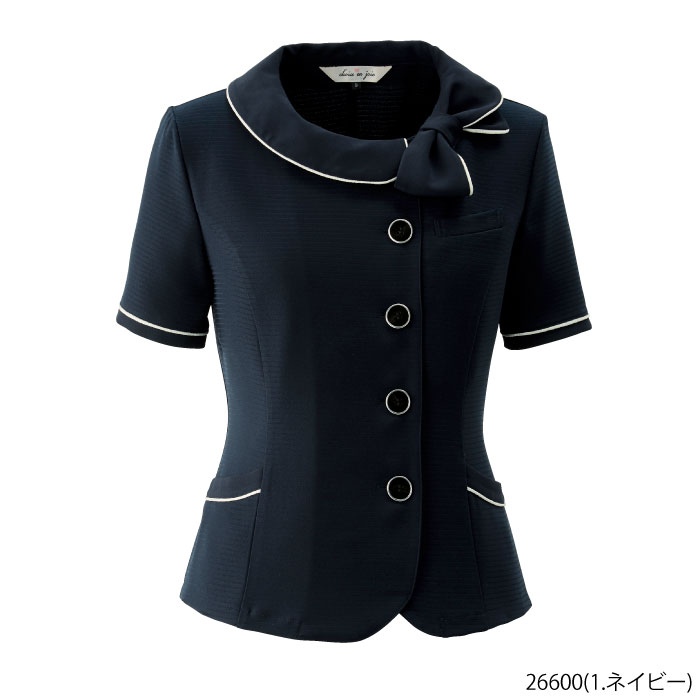 事務服 オーバーブラウス 紺 リボン付き(26600)