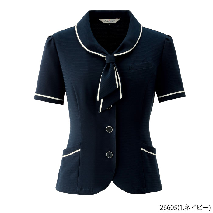 事務服 オーバーブラウス紺 リボン付き (26605)